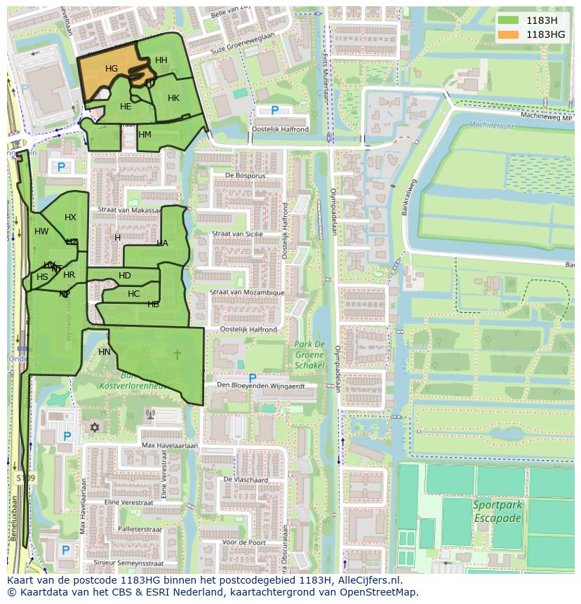 Afbeelding van het postcodegebied 1183 HG op de kaart.