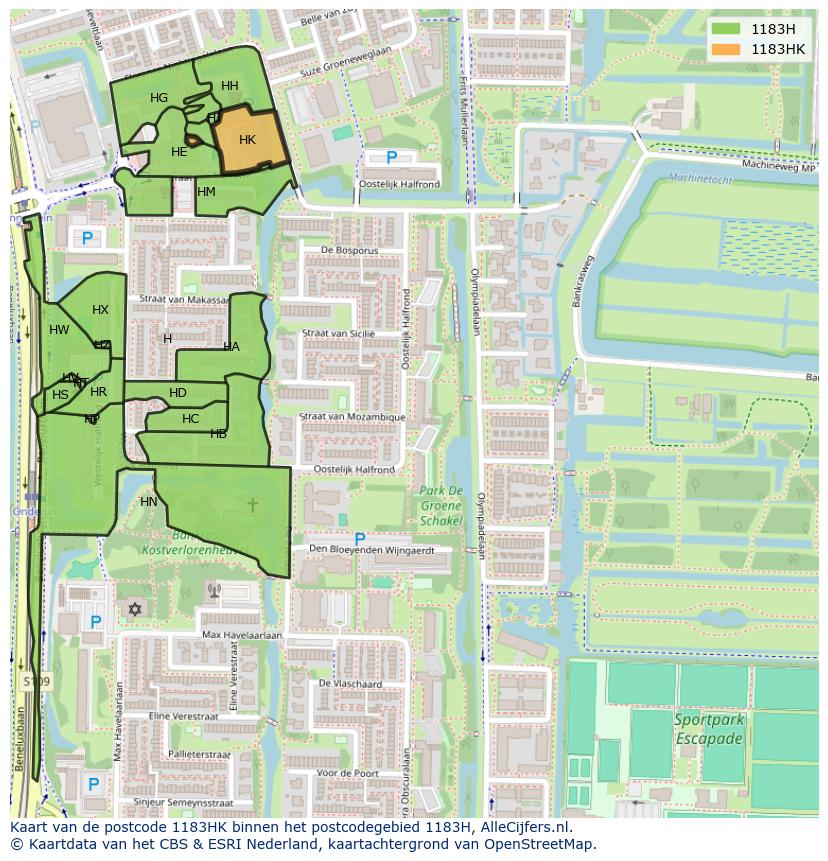 Afbeelding van het postcodegebied 1183 HK op de kaart.