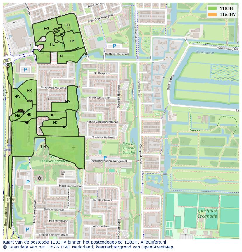 Afbeelding van het postcodegebied 1183 HV op de kaart.