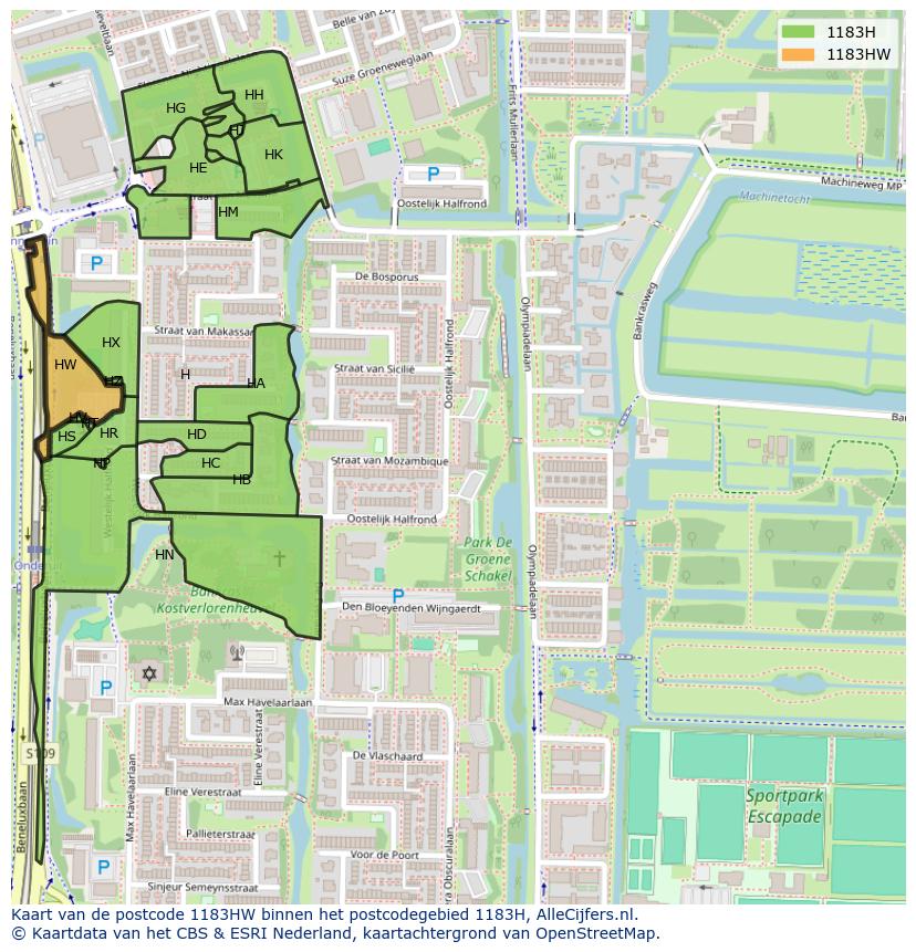 Afbeelding van het postcodegebied 1183 HW op de kaart.