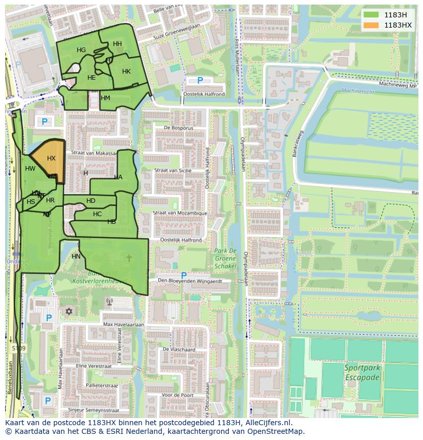 Afbeelding van het postcodegebied 1183 HX op de kaart.