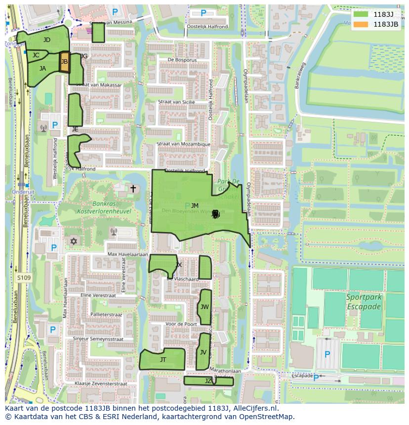 Afbeelding van het postcodegebied 1183 JB op de kaart.