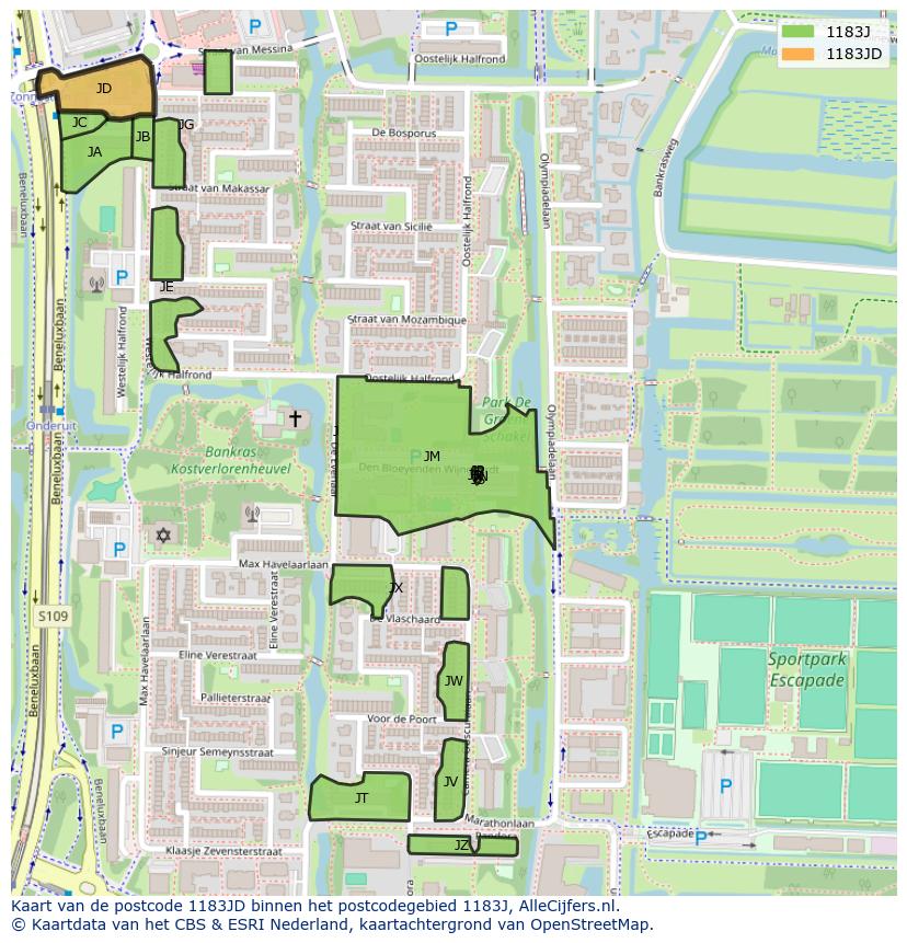 Afbeelding van het postcodegebied 1183 JD op de kaart.