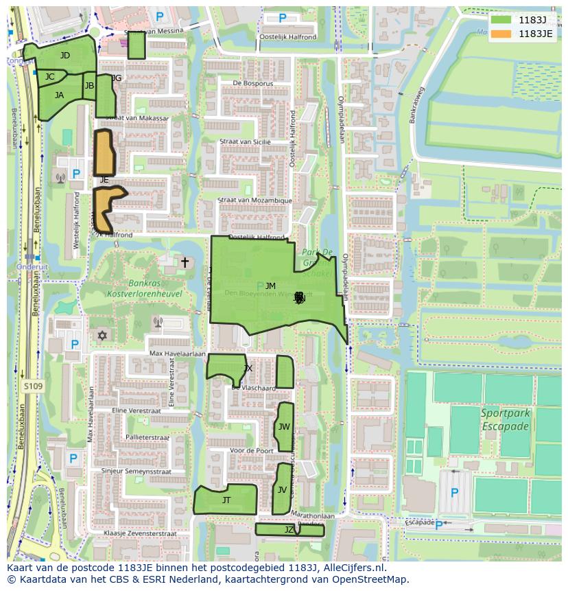 Afbeelding van het postcodegebied 1183 JE op de kaart.