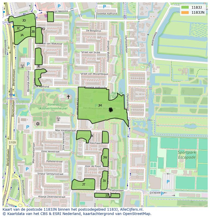 Afbeelding van het postcodegebied 1183 JN op de kaart.