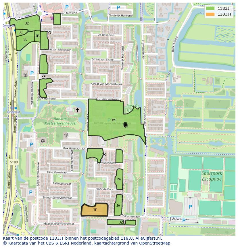 Afbeelding van het postcodegebied 1183 JT op de kaart.