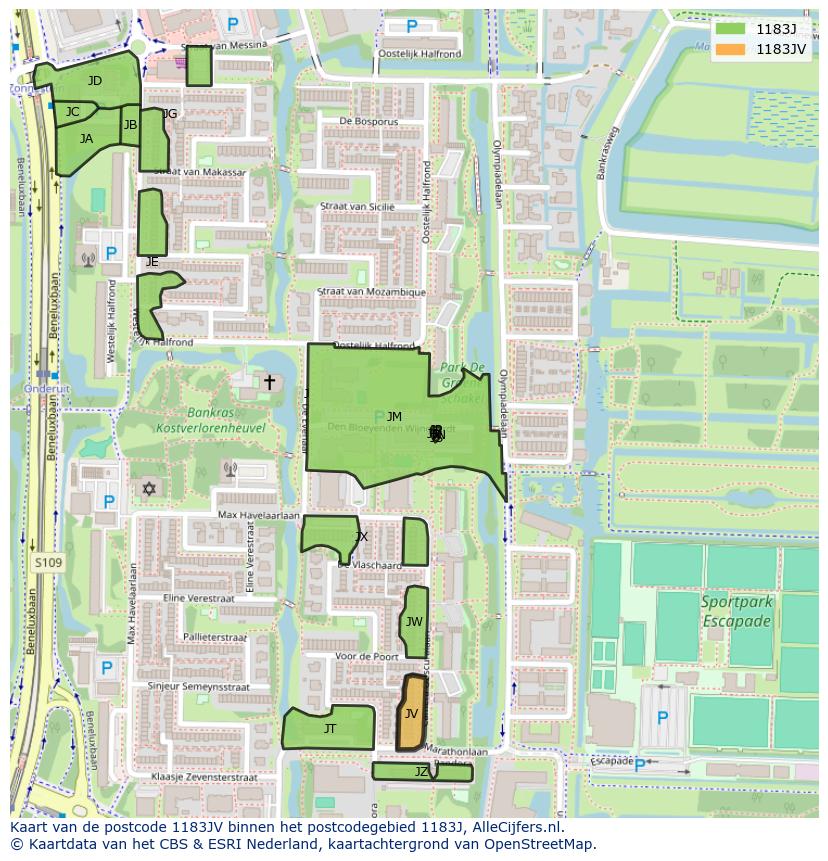 Afbeelding van het postcodegebied 1183 JV op de kaart.