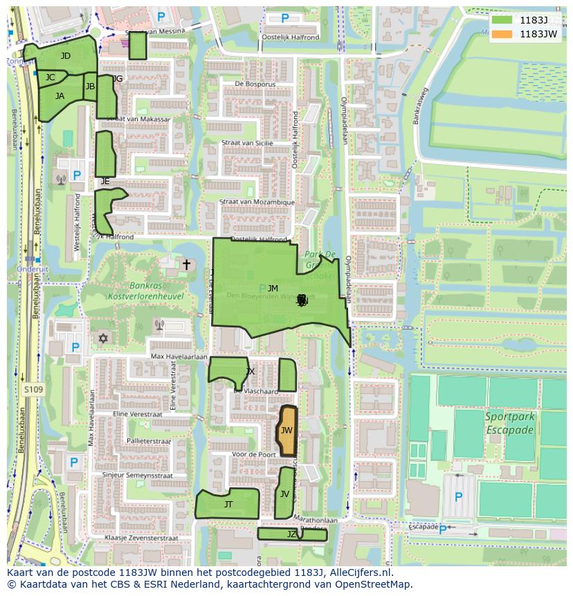 Afbeelding van het postcodegebied 1183 JW op de kaart.