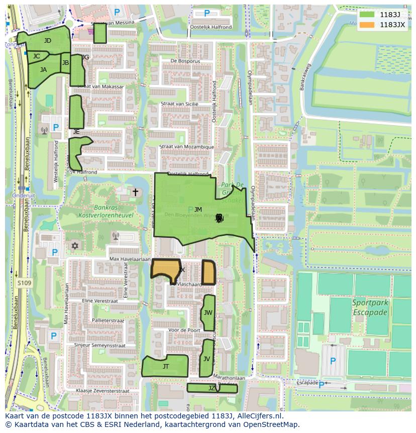 Afbeelding van het postcodegebied 1183 JX op de kaart.