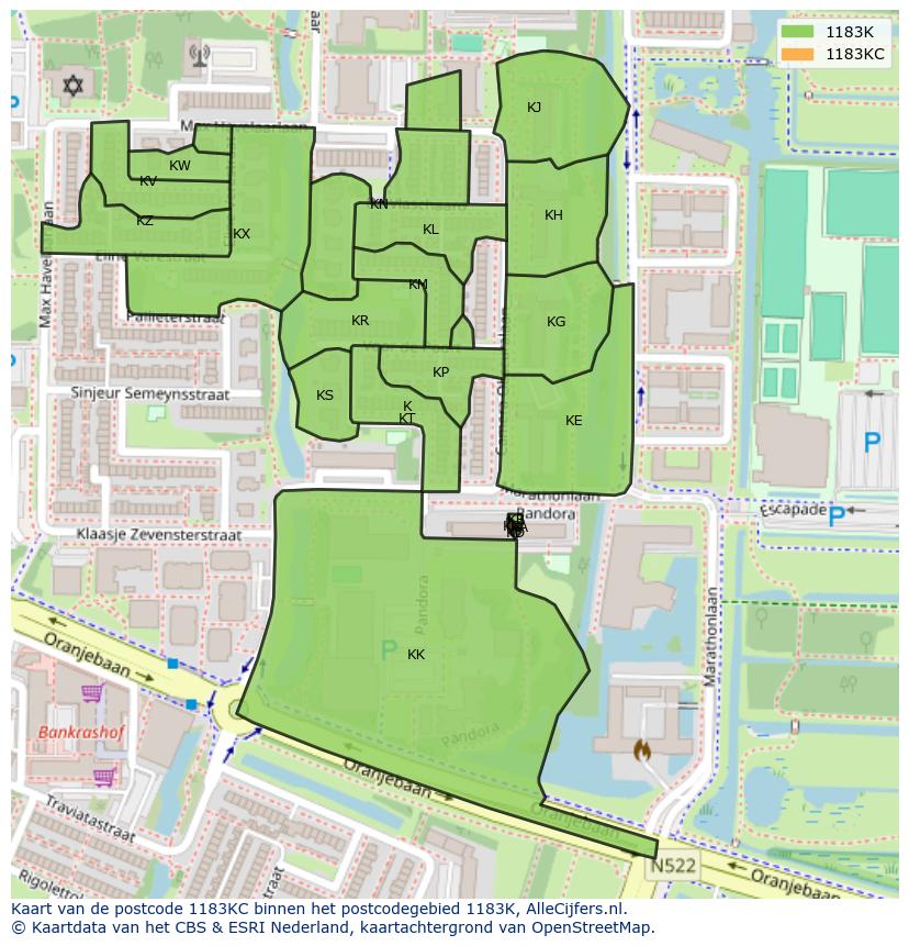 Afbeelding van het postcodegebied 1183 KC op de kaart.