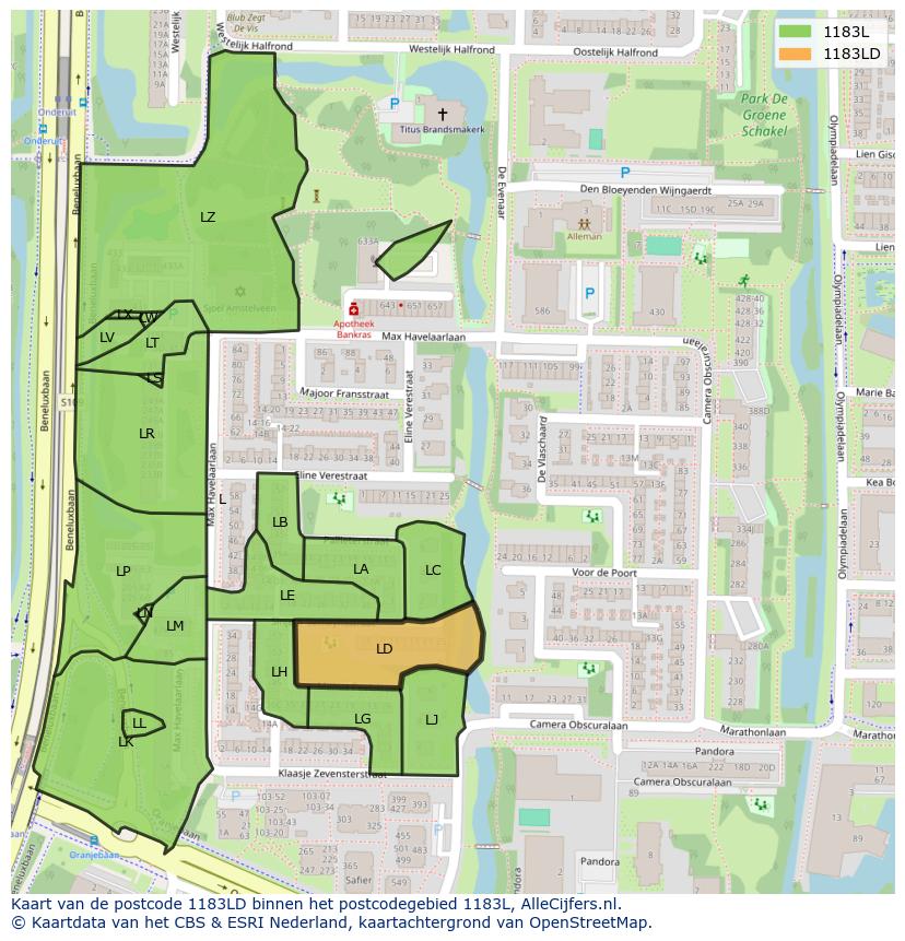 Afbeelding van het postcodegebied 1183 LD op de kaart.
