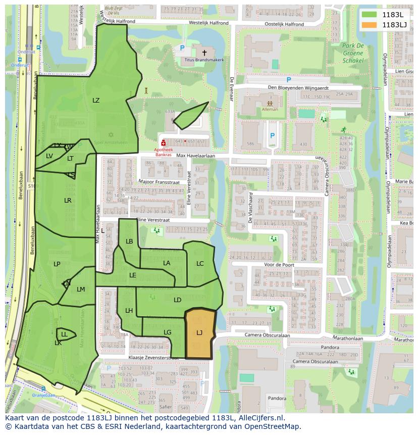 Afbeelding van het postcodegebied 1183 LJ op de kaart.