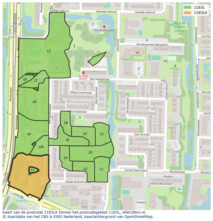 Afbeelding van het postcodegebied 1183 LK op de kaart.