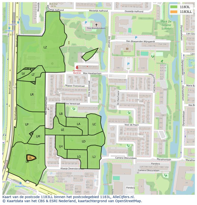 Afbeelding van het postcodegebied 1183 LL op de kaart.