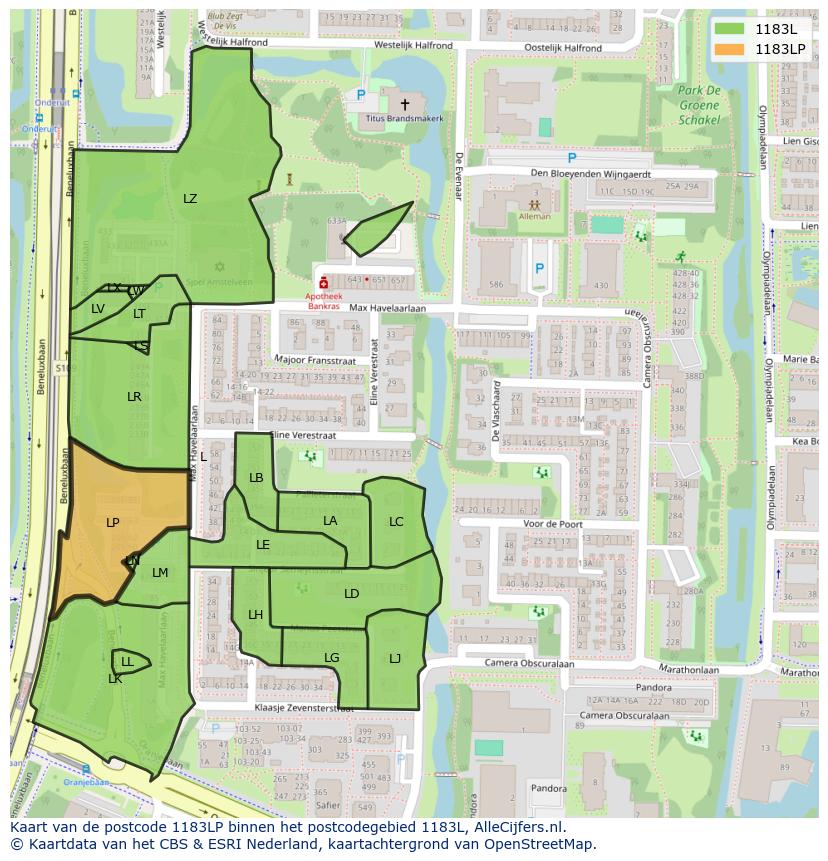 Afbeelding van het postcodegebied 1183 LP op de kaart.