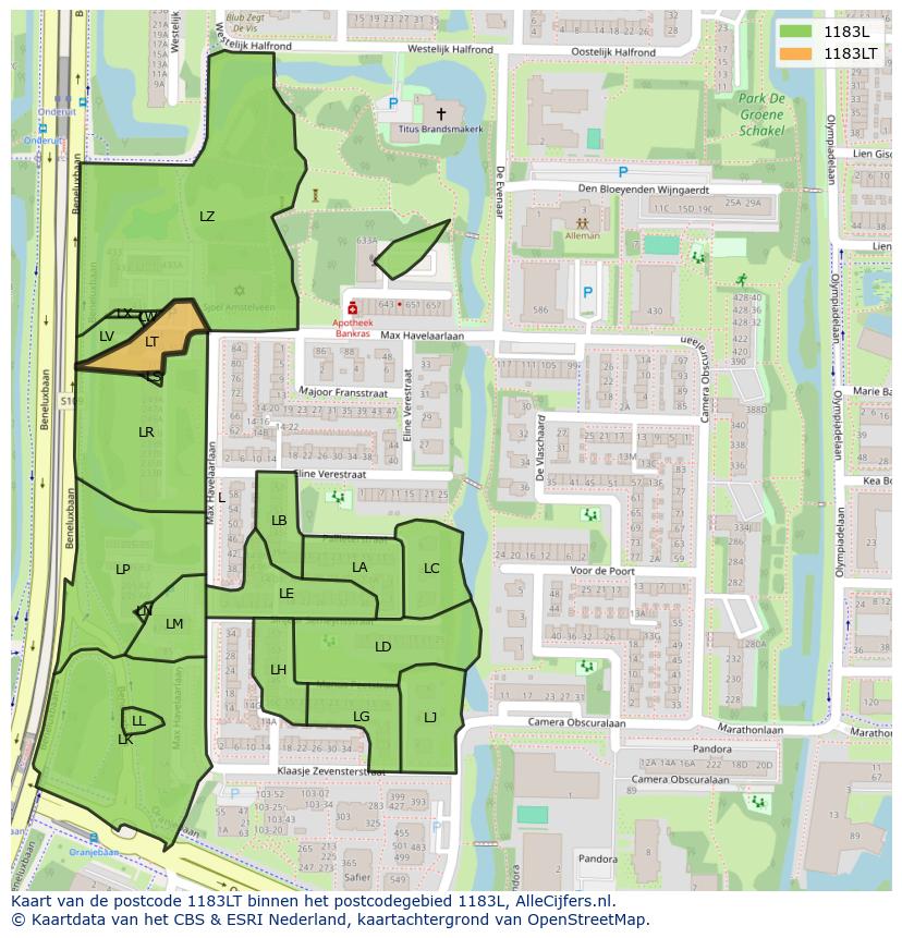 Afbeelding van het postcodegebied 1183 LT op de kaart.