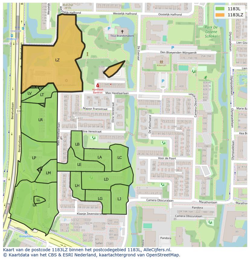 Afbeelding van het postcodegebied 1183 LZ op de kaart.