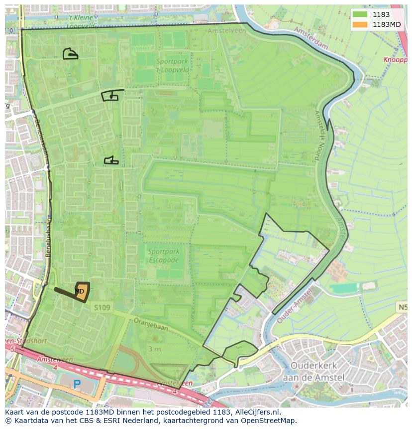 Afbeelding van het postcodegebied 1183 MD op de kaart.