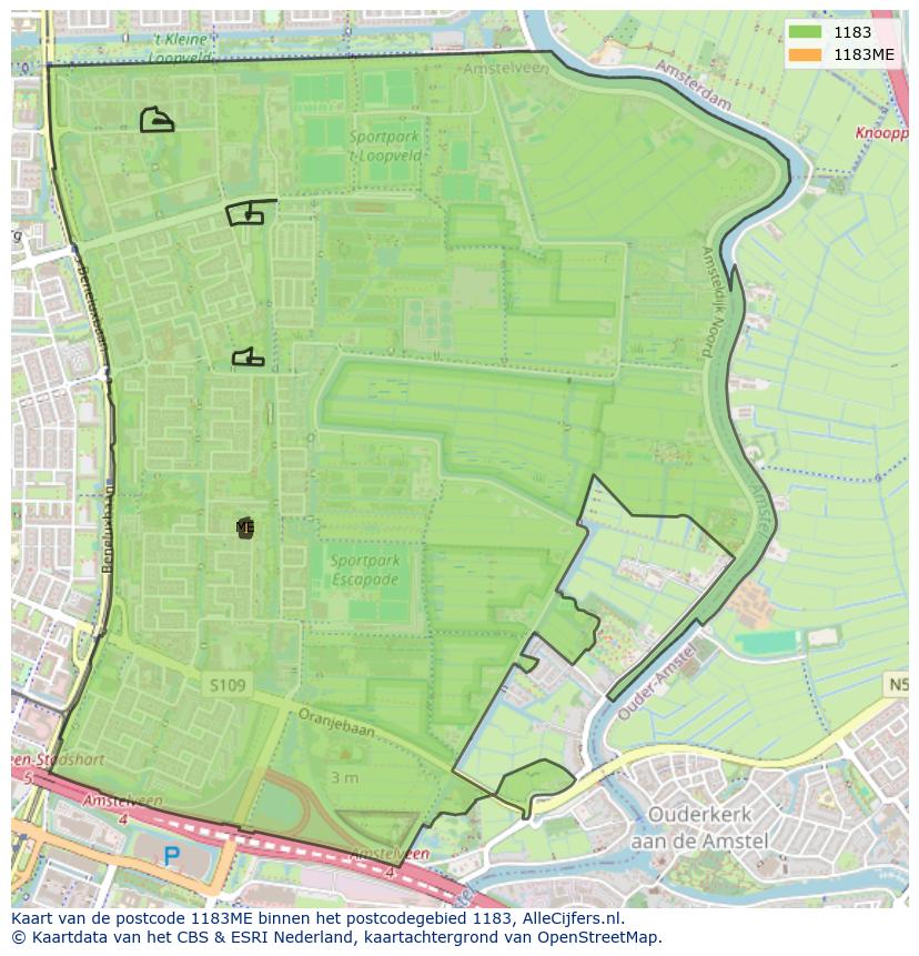 Afbeelding van het postcodegebied 1183 ME op de kaart.