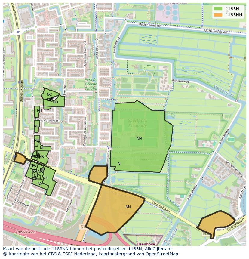 Afbeelding van het postcodegebied 1183 NN op de kaart.