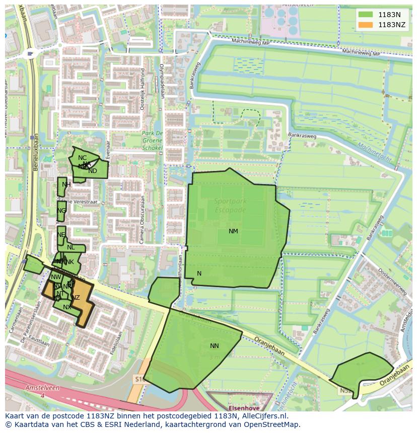 Afbeelding van het postcodegebied 1183 NZ op de kaart.