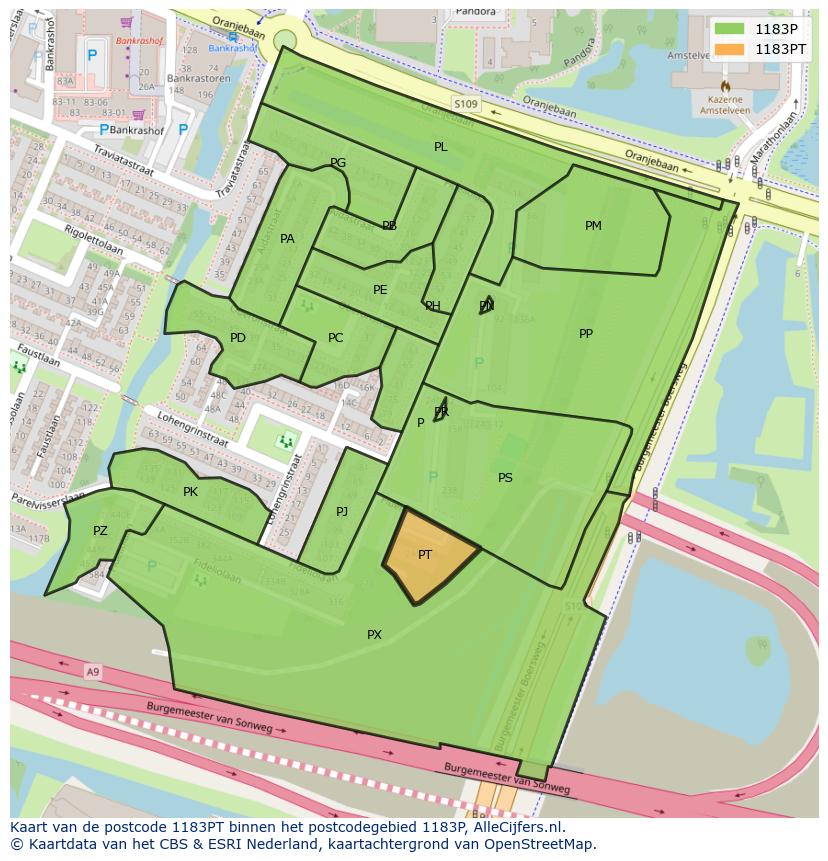 Afbeelding van het postcodegebied 1183 PT op de kaart.