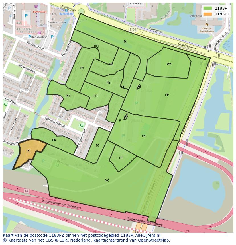 Afbeelding van het postcodegebied 1183 PZ op de kaart.