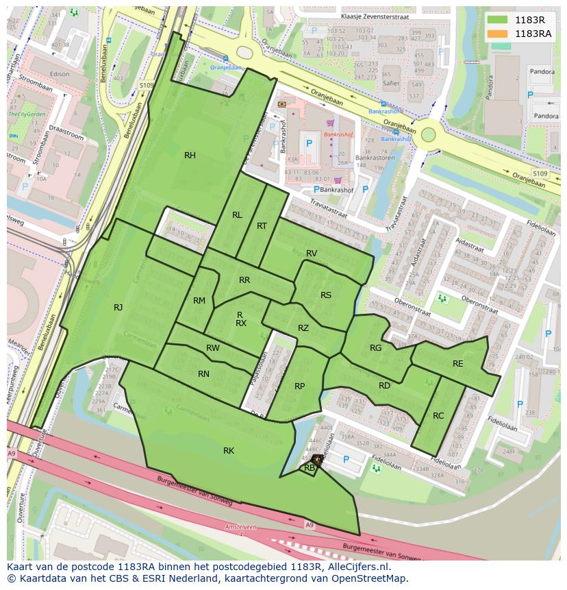 Afbeelding van het postcodegebied 1183 RA op de kaart.