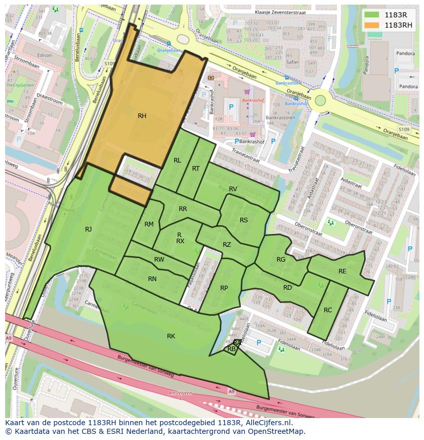 Afbeelding van het postcodegebied 1183 RH op de kaart.