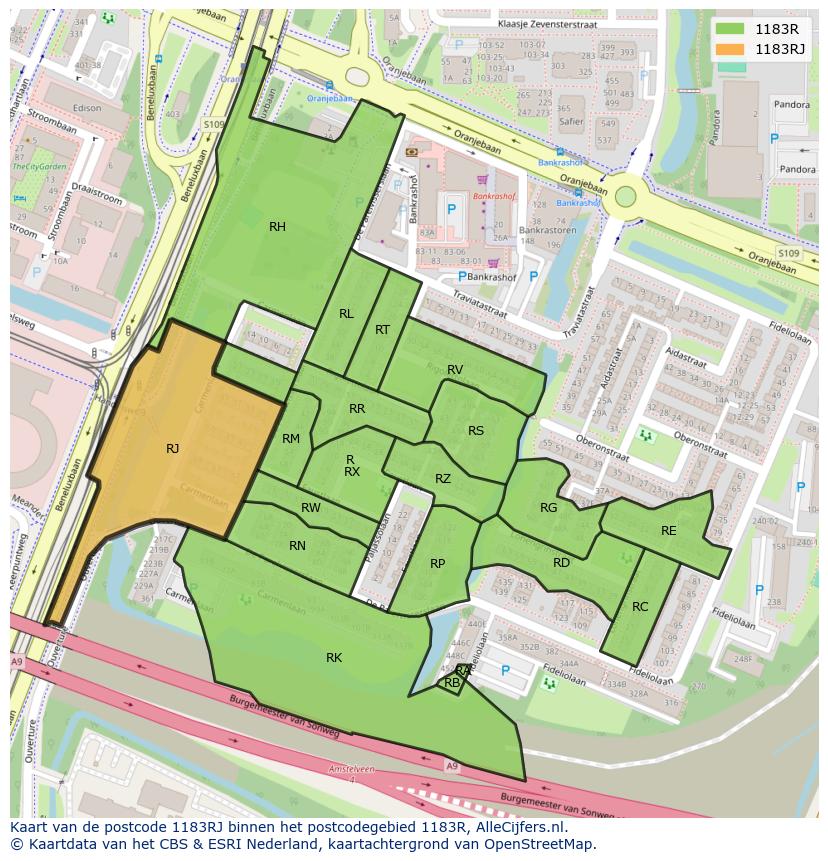 Afbeelding van het postcodegebied 1183 RJ op de kaart.