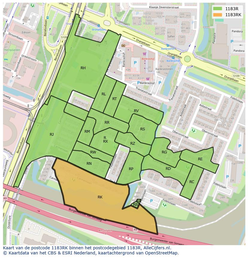 Afbeelding van het postcodegebied 1183 RK op de kaart.