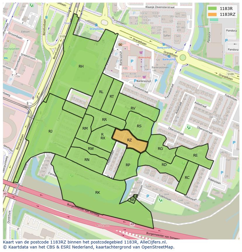 Afbeelding van het postcodegebied 1183 RZ op de kaart.