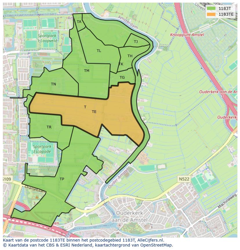Afbeelding van het postcodegebied 1183 TE op de kaart.