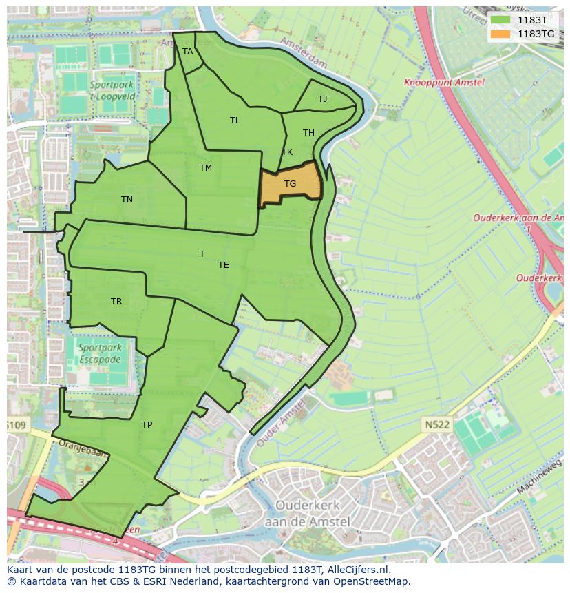 Afbeelding van het postcodegebied 1183 TG op de kaart.
