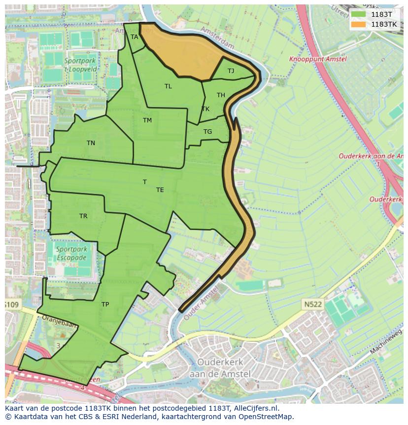 Afbeelding van het postcodegebied 1183 TK op de kaart.