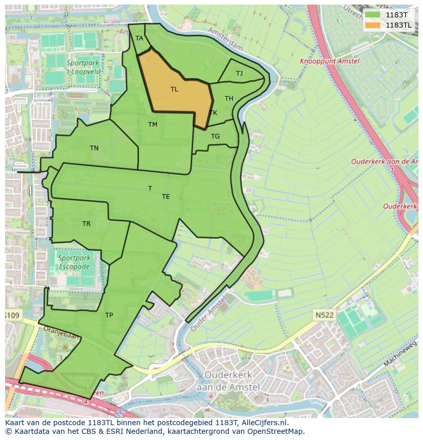 Afbeelding van het postcodegebied 1183 TL op de kaart.