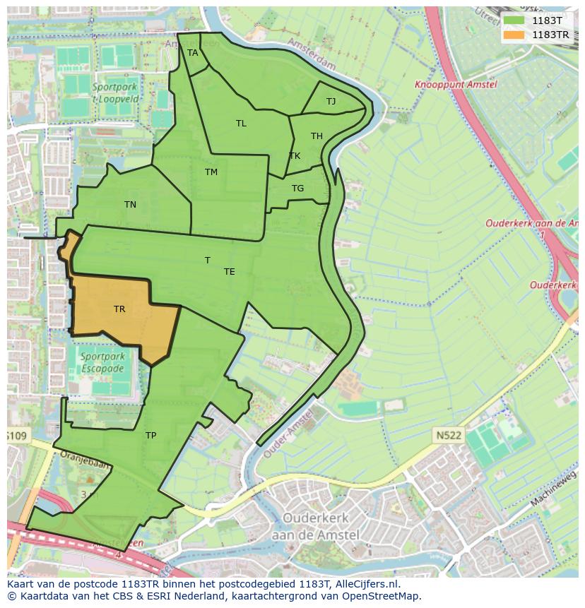 Afbeelding van het postcodegebied 1183 TR op de kaart.