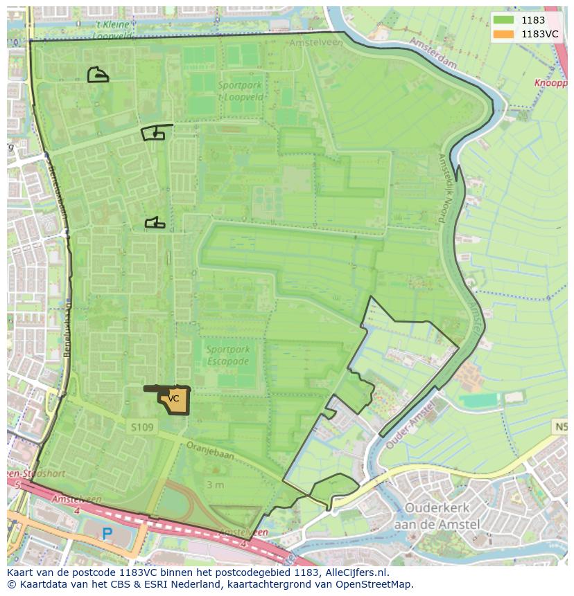 Afbeelding van het postcodegebied 1183 VC op de kaart.