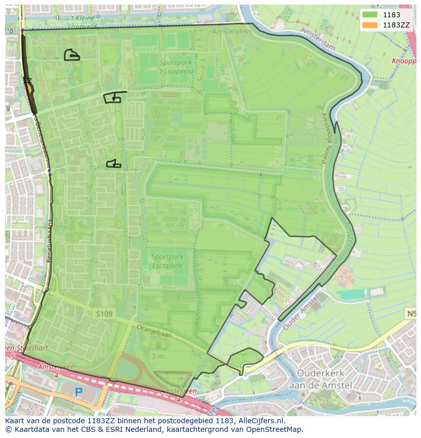 Afbeelding van het postcodegebied 1183 ZZ op de kaart.