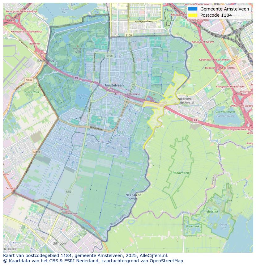 Afbeelding van het postcodegebied 1184 op de kaart.