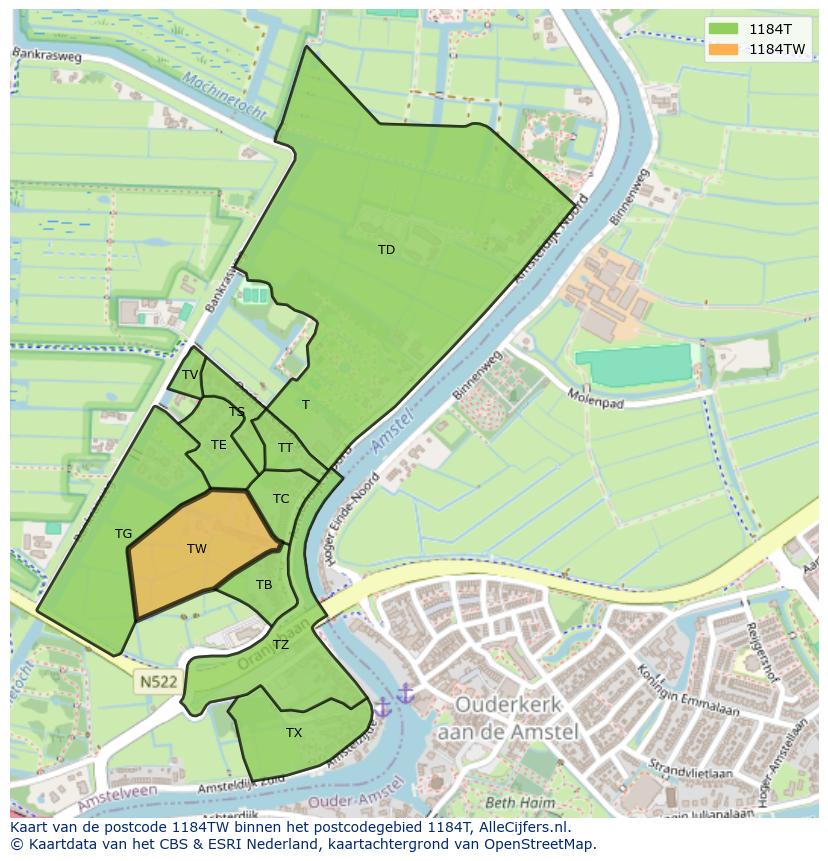 Afbeelding van het postcodegebied 1184 TW op de kaart.