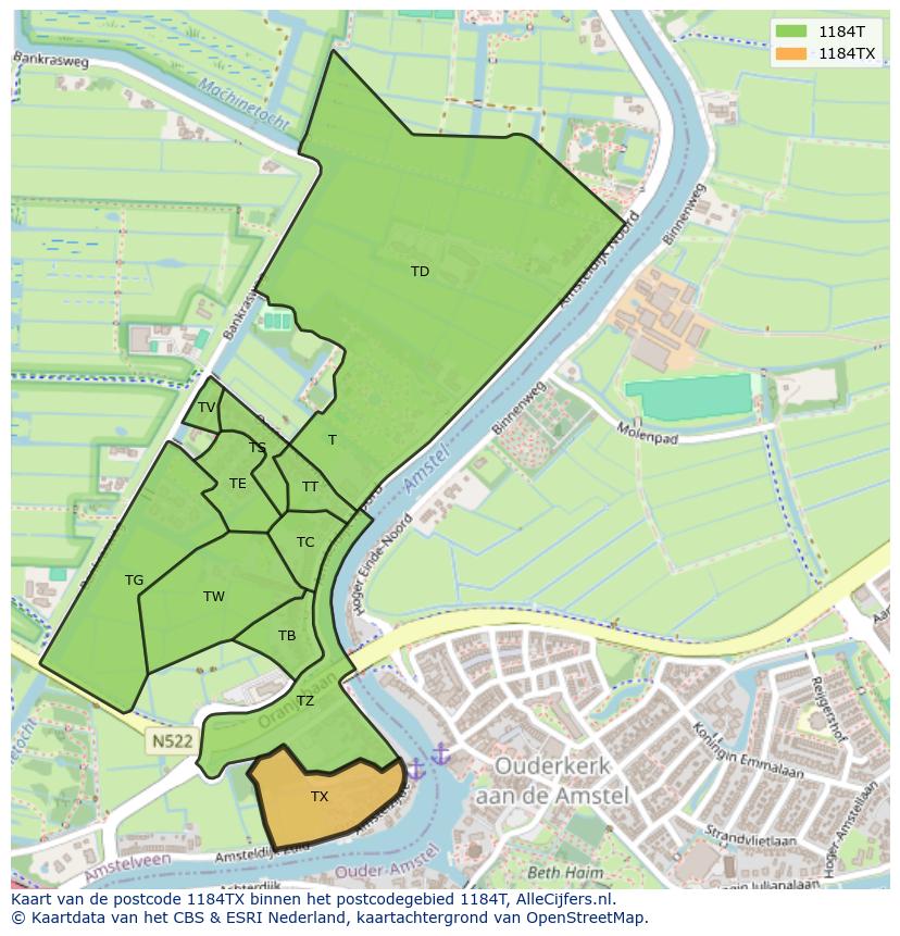 Afbeelding van het postcodegebied 1184 TX op de kaart.