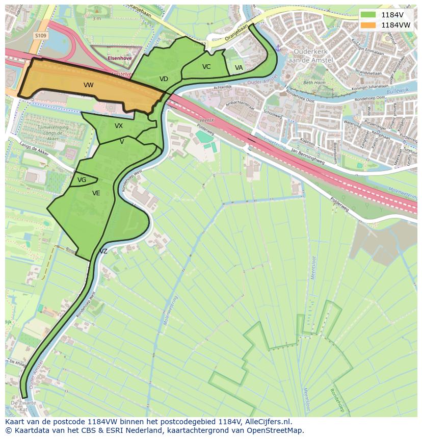 Afbeelding van het postcodegebied 1184 VW op de kaart.