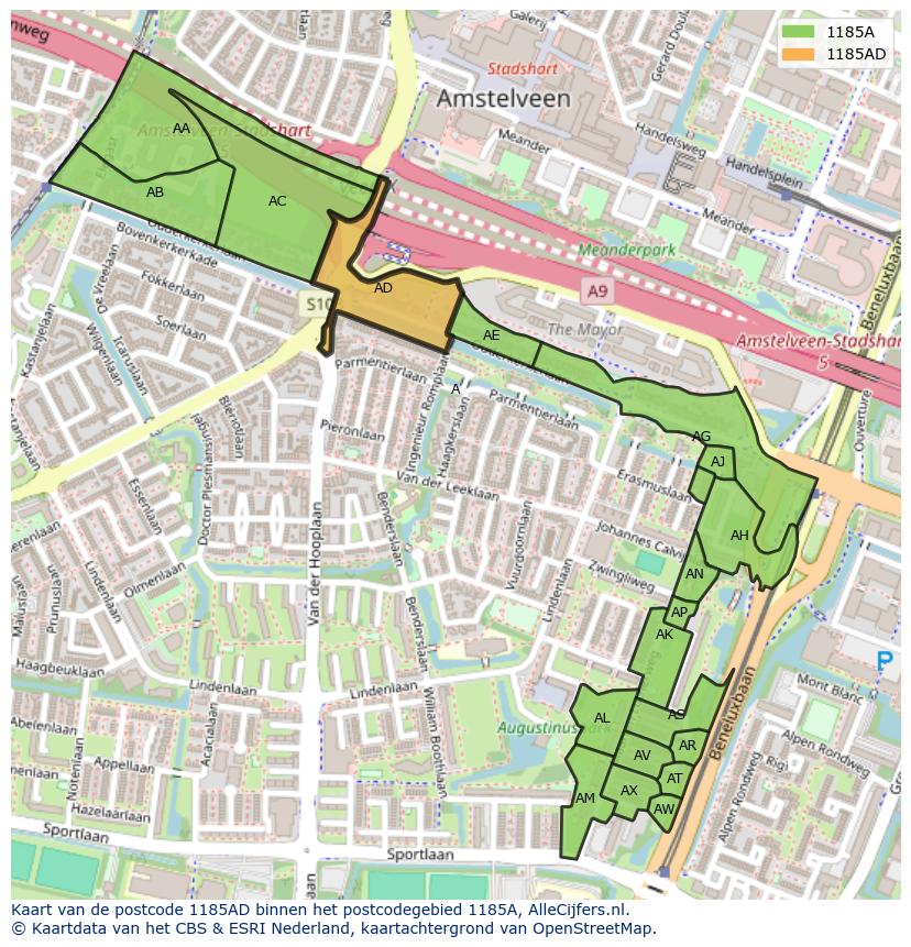 Afbeelding van het postcodegebied 1185 AD op de kaart.