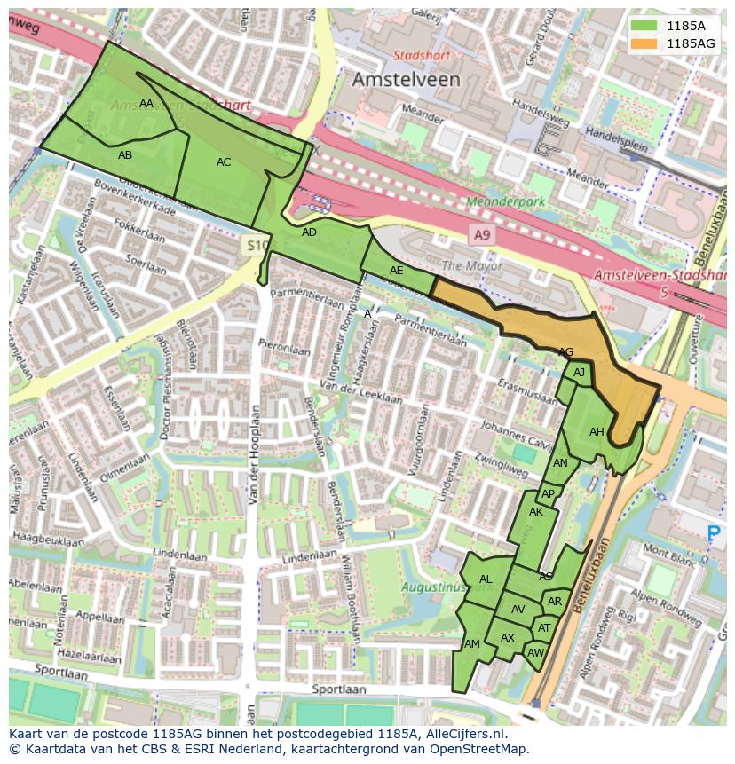 Afbeelding van het postcodegebied 1185 AG op de kaart.