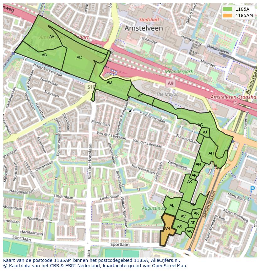 Afbeelding van het postcodegebied 1185 AM op de kaart.