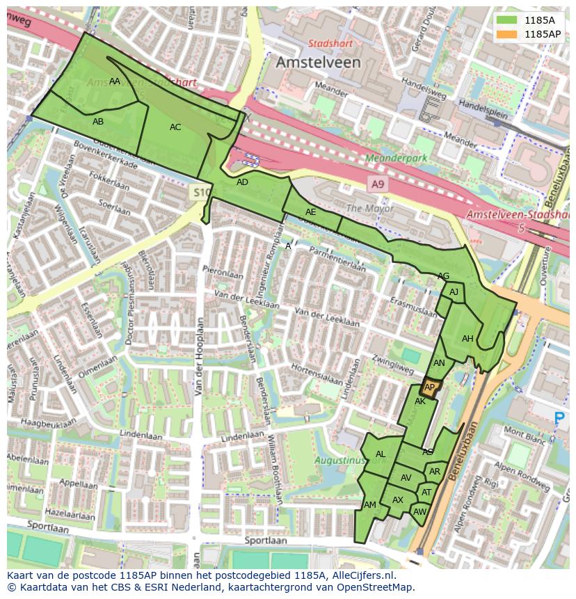 Afbeelding van het postcodegebied 1185 AP op de kaart.