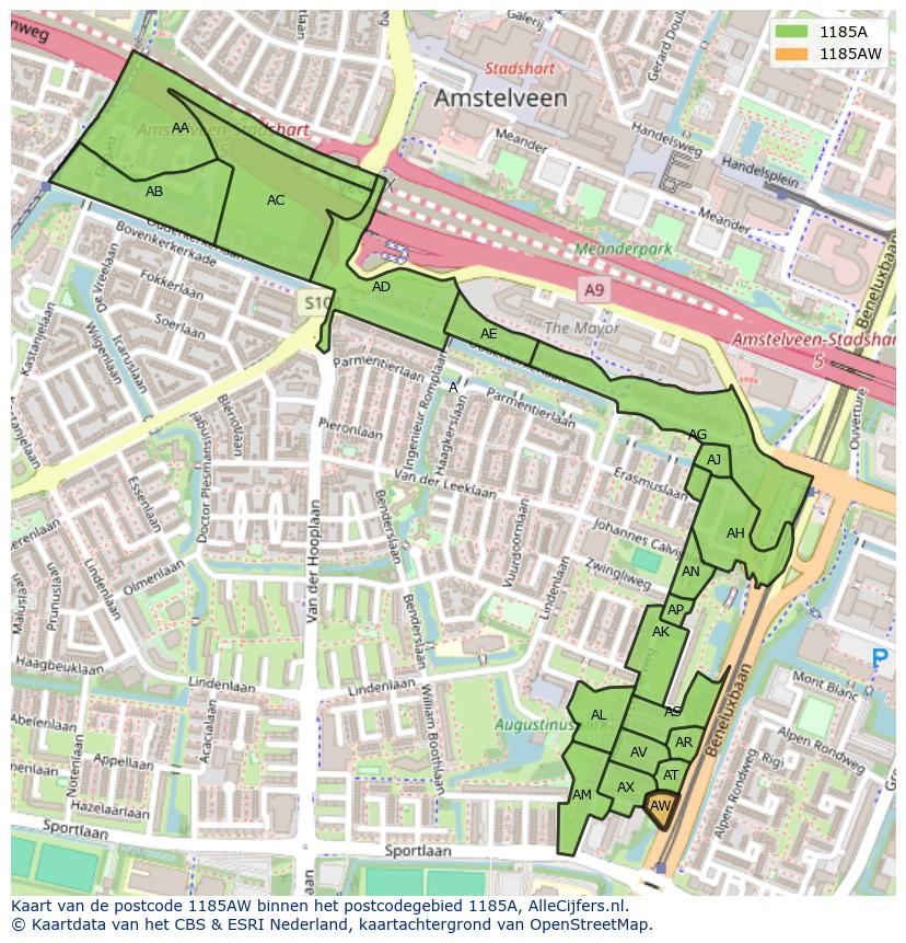 Afbeelding van het postcodegebied 1185 AW op de kaart.