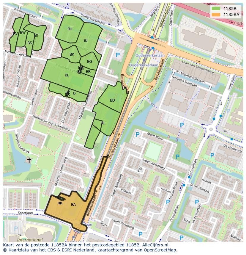 Afbeelding van het postcodegebied 1185 BA op de kaart.