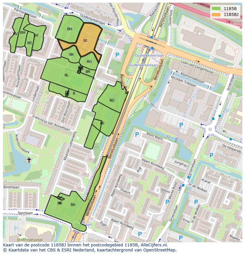 Afbeelding van het postcodegebied 1185 BJ op de kaart.